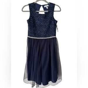 Speechless Kids Navy Lace to Tulle Jeweled Waist Dress Fit and Flare Dress Sz 16